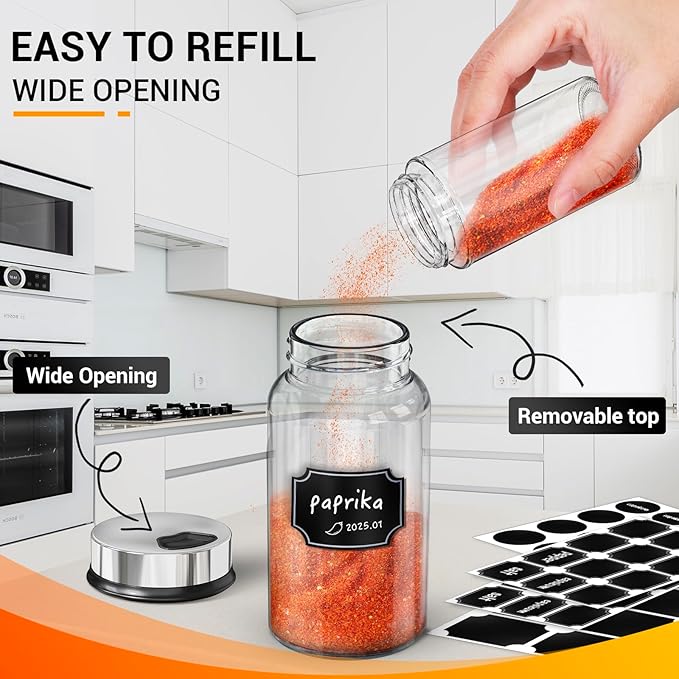 Segarty Spice Jars Set, 3 Pack 6 oz Glass Spice Jar with Labels, Seasoning Bottles Set with 136 Blank Stickers, 1 Chalk Marker, 1 Brush, Salt and Pepper Shakers with Ajustable Holes Lids