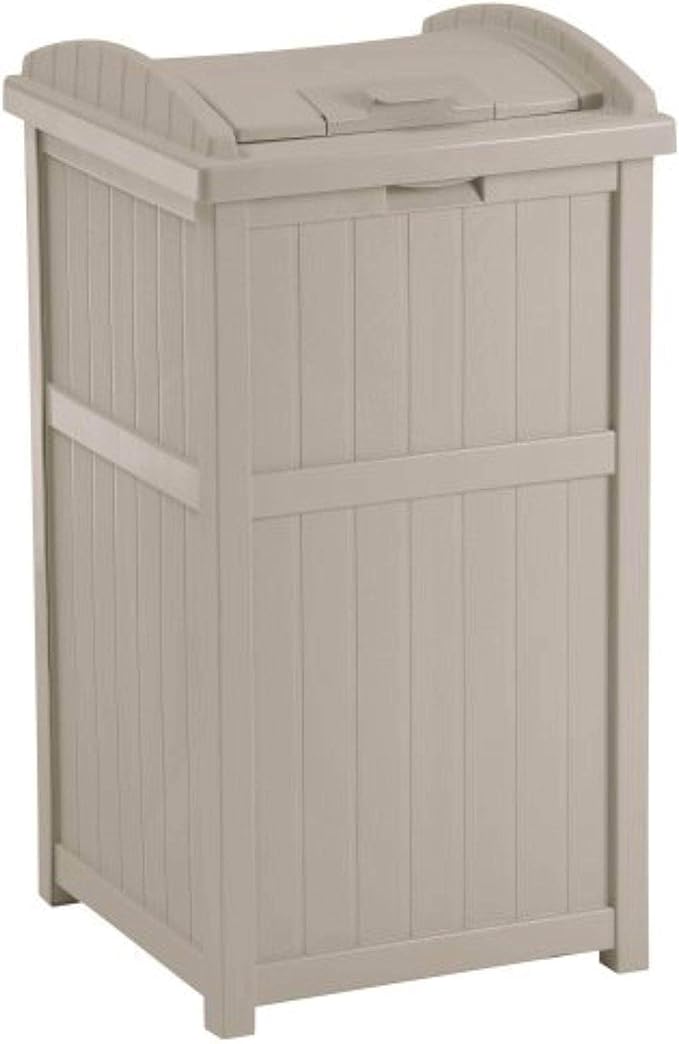 Suncast 4 Pack 15.75" x 16" x 31.6" Trash Hideaway 33 Gallon Resin Outdoor Commercial Garbage Container with Lid for Backyard, Deck, or Patio in Taupe