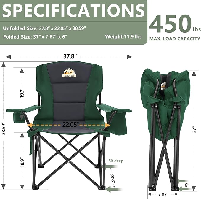 Oversized Folding Camping Chairs - 450 LBS Support Heavy Duty Camp Chair with Padded Cushion, Portable Outside Chairs with Carry Bag，Cooler, Cup Holder for Outdoor, Lawn, Sports - Green