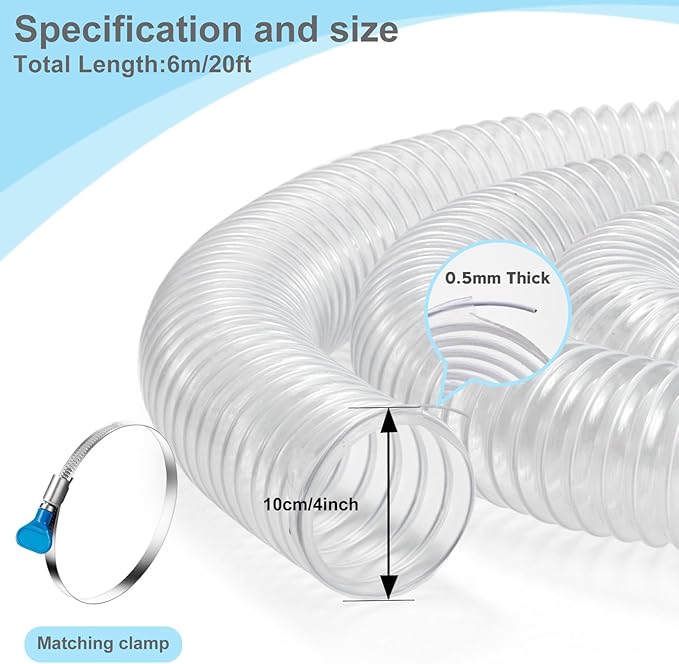 4“ x 20’ Heavy Duty PVC Clear Flexible Dust & Fume Collection Hose with Carbon Steel Wire Coil, Puncture Resistant Hoses for Collectors