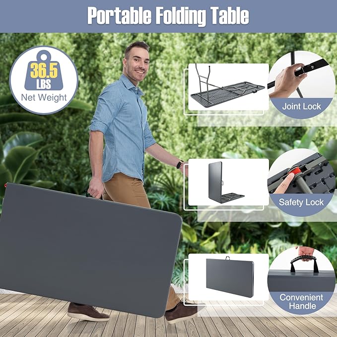 Goplus 8ft Plastic Folding Table, 350 LBS Outdoor Heavy Duty Folding Tables with HDPE Tabletop, Handle, Lock, Foldable Rectangle Portable Utility Card Table for Picnic, Party, Camping, Dining