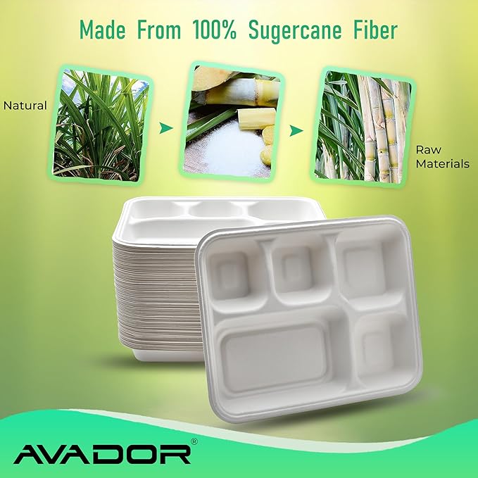 AVADOR® Compostable Tableware 100% Eco-Friendly & Biodegradable Dinnerware Eco-Conscious, Disposable, and 100% Biodegradable (5 Compartment Tray Pack of 125)