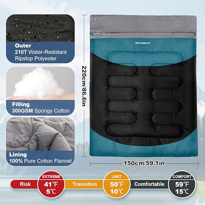 Double Sleeping Bag for Adults Machine Washable 2 Person Camping Sleeping Bag Queen Size Waterproof with Compression Sack for Cold Weather 3-4 Seasons