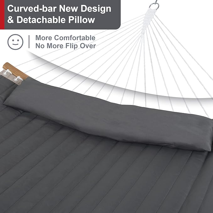 55in Hammock with Stand, Heavy Duty Hammock with Stand Included, Two Person Hammock with Curved Spreader Bar, Pillow and Portable Bag, 450 Lbs Capacity, Dark Gray