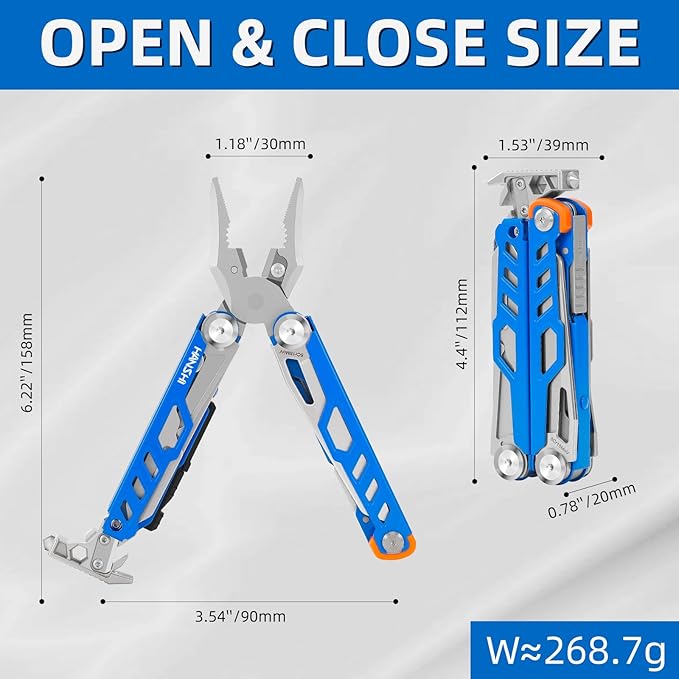 HANSHI Multitool Pliers, 22-in-1 YG10 Tungsten Steel Multi Tool with Scissors,Replaceable Wire Cutters, Flint, Window Breaker, Back Clip,Ideal for Camping, Survival and Gift(Blue)