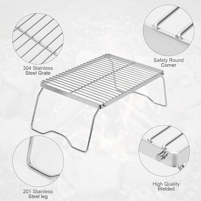 ZORMY 13" Small Folding Campfire Grill, 304 Stainless Steel Firepit Grill Grate, Heavy Duty Portable Camping Grill with Carrying Bag, Gas BBQ Grill Grate for Backpacking, Hiking, Picnics (Medium)