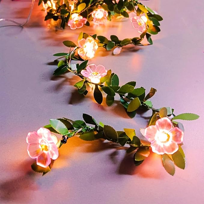 Decorative Fairy Vine Flower String Lights With Leaf, USB Plug In 16.5ft 50 LED Pink Cherry Blossom Garland Spring Decorations for Bedroom Wall Wedding Birthday Christmas Hanging Decor (Warm White)