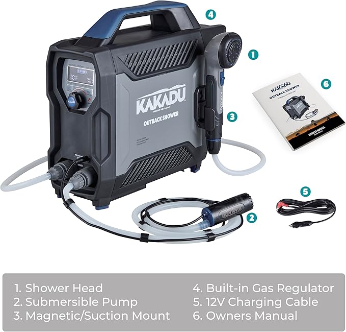 Kakadu Portable Camping Outback Shower, Instant Hot Water for Outdoor Use - Slimline Design, Rechargeable Lithium Battery, Adjustable Shower Head, Slim Pump, Digital Display