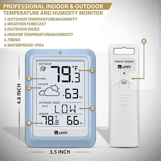 Indoor Outdoor Thermometer Wireless Weather Station, Temperature Humidity Monitor Battery Powered with 330ft Range Remote Sensor and Backlight Display（Light Blue）
