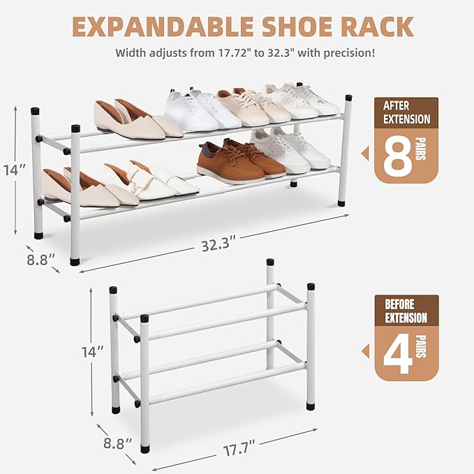 STORAGE MANIAC Expandable Shoe Rack, 8 Pairs Stackable Small Shoe Rack, Metal Adjustable Shoes Organizer for Closet, Entryway, Hallway, Garage, Front Door, Shoes Shelves, White 2 Tier
