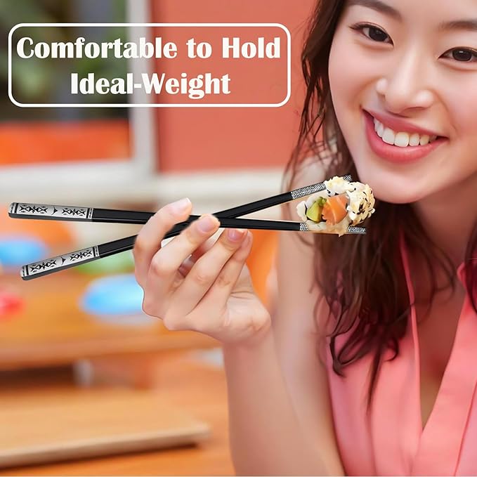 Metal Chopsticks Reusable 1 Pair Stainless Steel Travel Chopsticks Dishwasher Safe Square Lightweight Non-Slip Chop Sticks with case (Black)