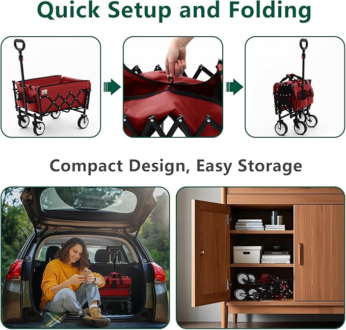 Folding Wagon Cart with Wheels and Tailgate, 330 lbs 120 l Capacity, Adjustable Handle, Portable Collapsible Utility Wagon Cart for Groceries, Outdoor Camping, Shopping, Garden (Red)
