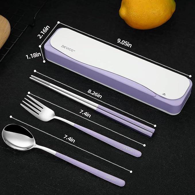 DEVICO Travel Utensils, Portable 18/8 Stainless Steel Silverware Flatware Set, Include Fork Spoon Chopsticks with Case (Purple)