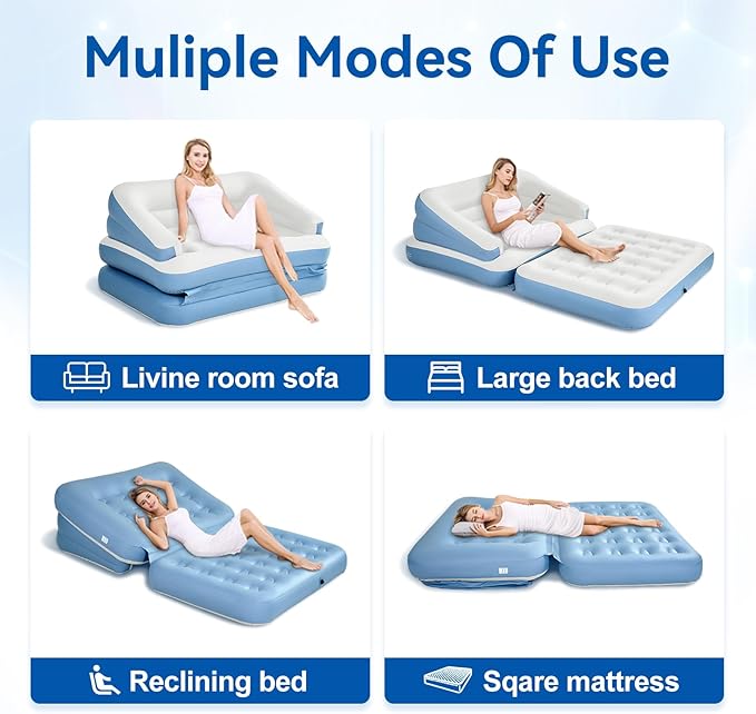 Full Size Air Mattress for Inflatable-Portable Blow Up Mattress Sofa Bed with Flocked top-Double Air Couch for Tent Camping(Lake Blue)