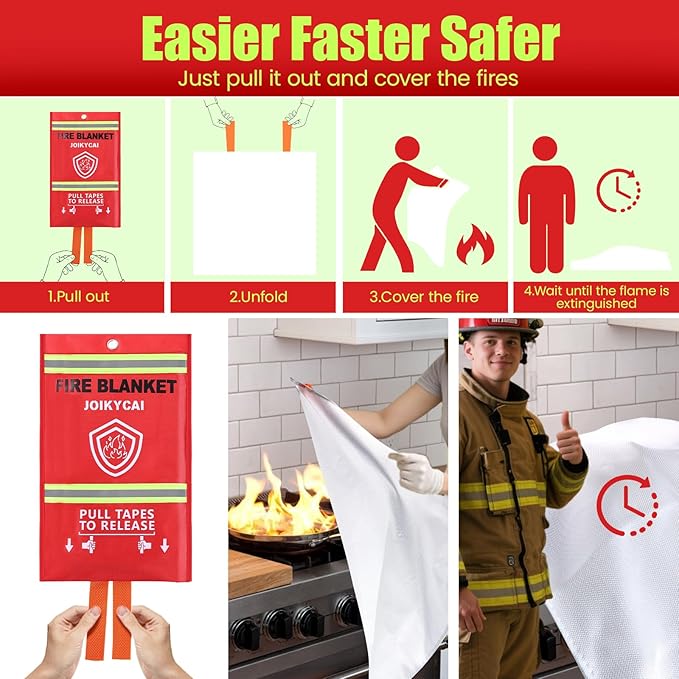 Emergency Fire Blanket Fire Suppression Blanket for Kitchen Fiberglass Fire Blanket Fireproof Blanket Grill Home School Fireplace Car Office Warehouse House Camping Metal Hook Whistle 40"x40" 1 Pack