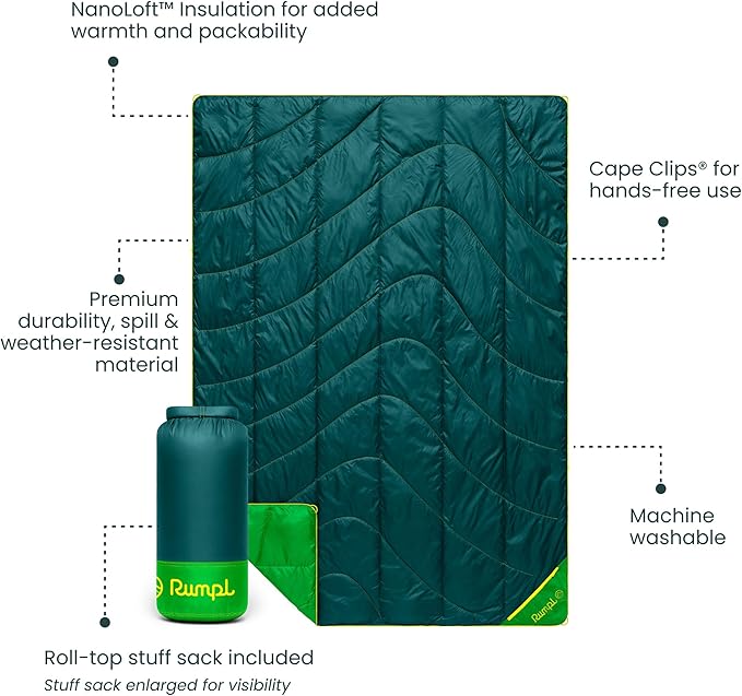 Rumpl Backcountry Puffy Blanket - Packing Comfort Into Uncomfortable Places, 100% Recycled Polyester Insulation, Lightweight, Packable, Water Resistant, 52" x 75", Sea Moss