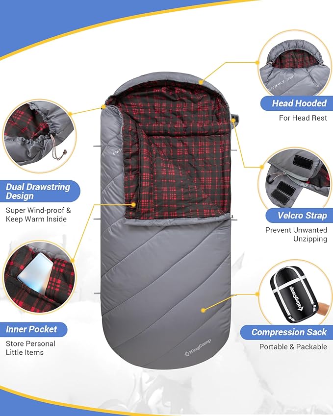 KingCamp Sleeping Bag for Adults, Cold Weather & Warm Extra Wide Big & Tall XL Portable Waterproof Flannel Sleeping Bags, Essentials Gear Accessories for Camping Backpacking Hiking Indoor & Outdoor
