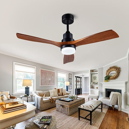 48" Wooden Ceiling Fans with Lighted Remote Control, Indoor Outdoor Wooden Ceiling Fan, Outdoor Modern Ceiling Fan with 3 Fan Blades for Patio, Living Room, Farmhouse, etc (Black + Walnut)
