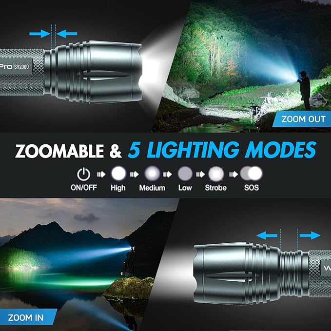 WdtPro LED Flashlight High Lumens SR2000 Pro, 2 Pack Brighter Tactical Flashlights with 5 Modes & Zoomable, Powerful Mini Flash Light for Emergency, Camping, Hiking (Grey)