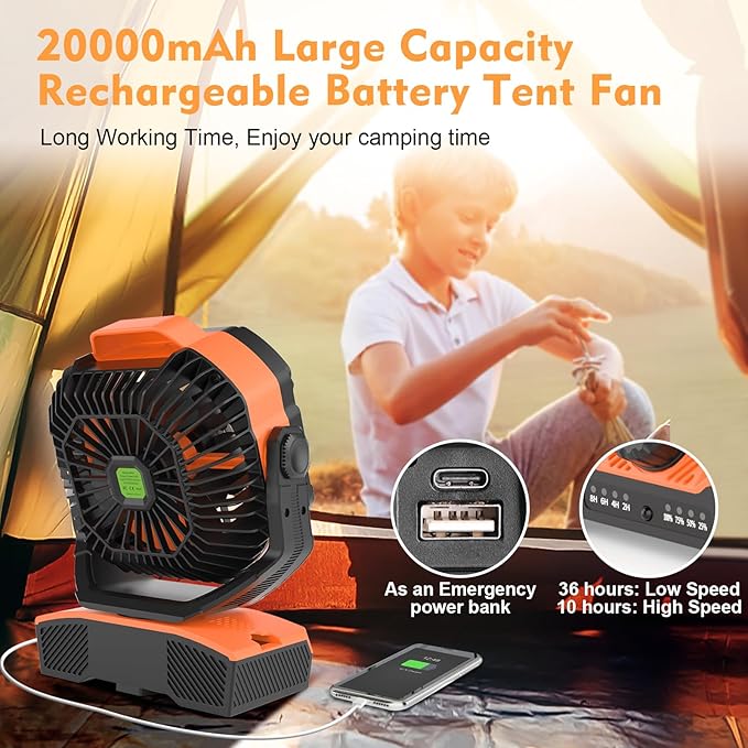 RUNTOP Oscillation Camping Fan with LED Lantern, 20000mAh Rechargeable Battery Operated Outdoor Tent Fan w/Hanging Hook, Remote Control, 4 Speeds, Personal USB Desk Fan for Camping, Jobsite (Orange)