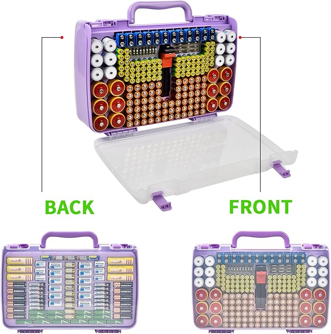 Battery Organizer Storage Holder Box Case with Tester- 269 Batteries Double-Sided Variety Pack, Holds AA AAA 4A C D Cell 9V 3V Lithium LR44 CR2 CR123 CR1632 18650 Button- Purple (Box Only)