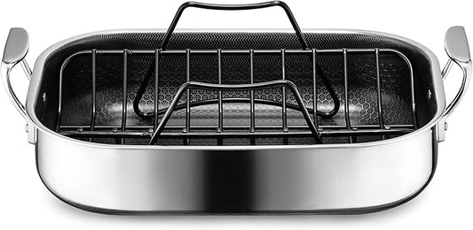 HexClad Hybrid Nonstick Small Roasting Pan with Rack, Dishwasher-Friendly, Oven-Safe Up to 900°F, Compatible with All Cooktops