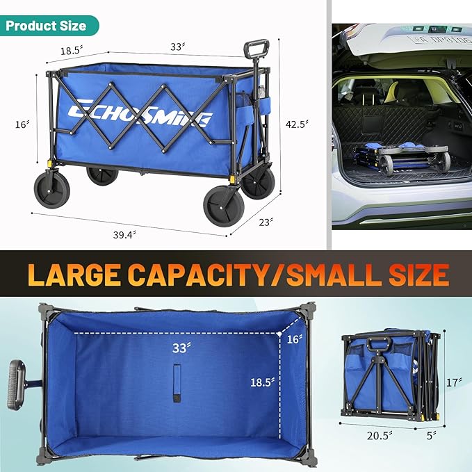 EchoSmile Heavy Duty 350 Lbs Capacity Collapsible Wagon, Outdoor Folding Camping Wagons, Grocery Portable Utility Cart, Adjustable Rolling Carts, All Terrain Sports Wagon with Big Wheels (Dark-Bule)