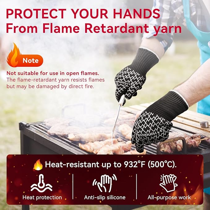 HandLove BBQ Gloves, Oven Gloves with Fingers – Heat Resistant Gloves for Grilling | Silicone Grip, Long Cuff Mitts - Kitchen & Outdoor Barbecue, Cooking, Baking, Black,L
