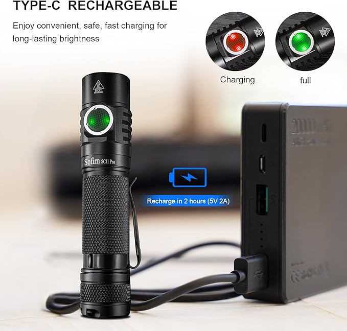 sofirn SC31 Pro 2000 Lumen Flashlight, Rechargeable Flashlight with Powerful SST40 LED 6500K, for EDC Camping Hiking Fishing Dog Walking (Black)