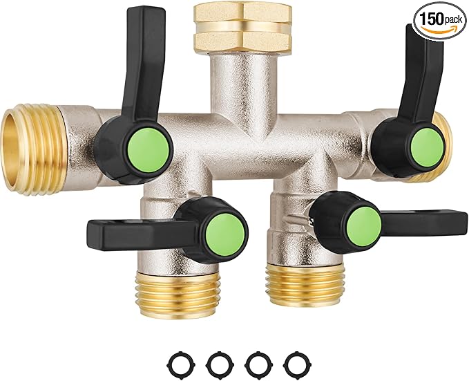 EJW 4 Way Garden Hose Splitter, Heavy Duty Garden Hose Splitter, High Flow Garden Hose Splitters, Fitting 3/4” Brass Outdoor Hose Splitter, Garden Hose Adapter Connector,Water Hose Splitter.