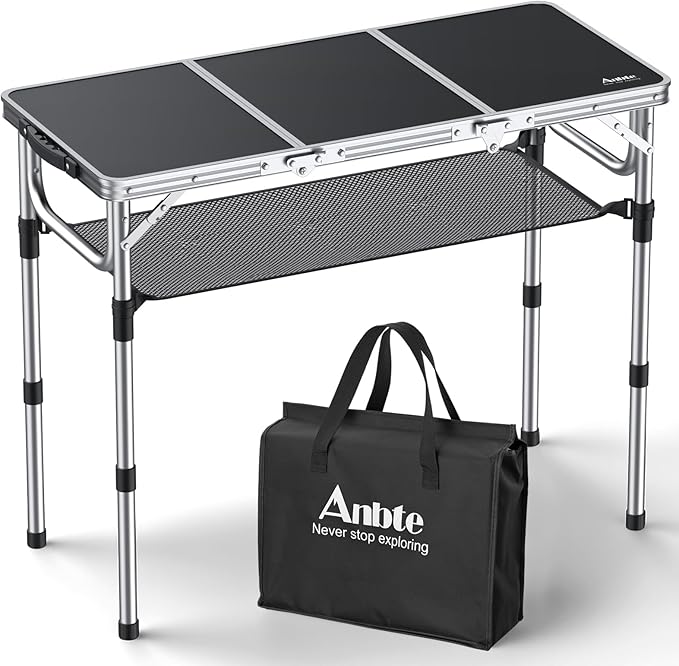 Folding Camping Table with Storage Net, 3ft Camping Table Aluminum Folding Table with 3 Adjustable Height Max 27.1 Inch Picnic Table Portable Table for Outdoor Backyard BBQ, Black