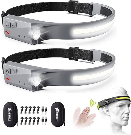 Headlamp, Rechargeable LED Headlamp with Motion Sensor, Up to 1200 lumens and 10 Hours Runtime, 10 Clips and 2 Cases, Waterproof Camping Gear for Hiking, Fishing, Cycling, Repairing
