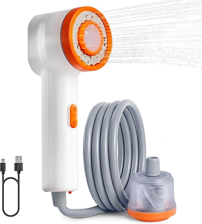 Rocalt Portable Camping Shower with Filtration, Handheld Electric Shower with LED Light and USB-C, Integrated Design of Water Pump, IPX6 Waterproof Outdoor Shower for Hiking, Pet Cleaning, Travel, Car