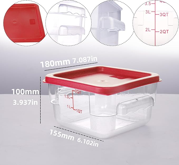 2 Pack RED Square Food Storage Container With Lid,2-12 Quart Commercial Storage Box With Scale & Handle,Cake Making,Dough Marinating Meat,Kitchen Supplies (2 Quart)