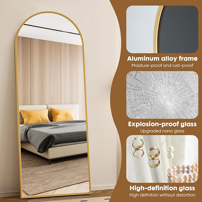 Arched Full Length Mirror, 71'' x 26'' - Gold Floor Mirror with Aluminum Alloy Thin Frame, Hanging or Leaning for Bedroom Dressing or Wall, Full Body Reflection