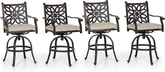 PHI VILLA Outdoor Swivel Bar Stools Set of 4, Cast Aluminum Patio Pub Height Bar Stool & Chairs with Seat Cushion