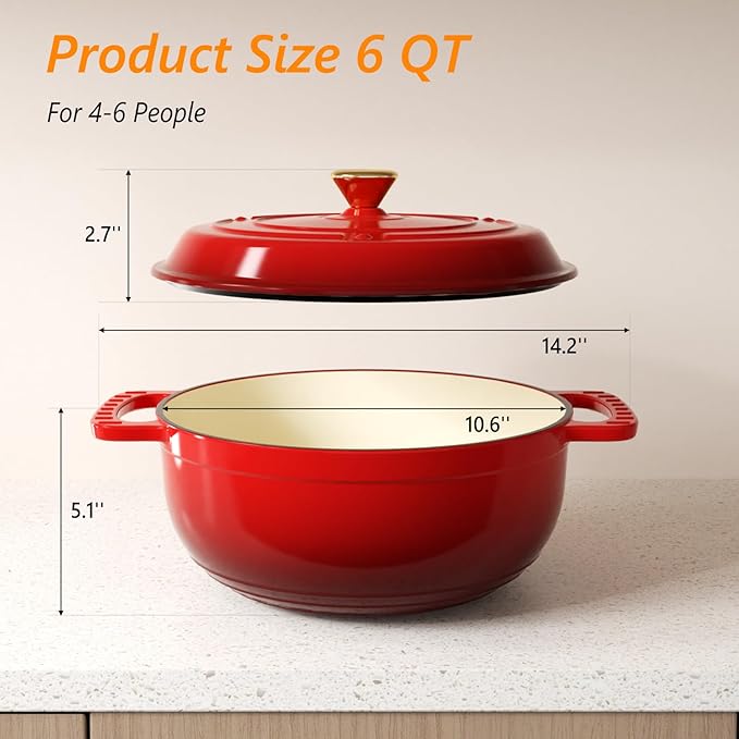 BONNLO 6QT Round Dutch Oven, Enameled Cast Iron Dutch Oven Pot with Lid & Dual Handles, Oven Safe Up to 500° F, for Sourdough, Bread Baking, Stews and Roasting (Red)