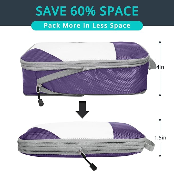 Compression Packing Cubes 3 Set, Compressible Space-Saving Packing Cubes for Travel - Compression Bags, Luggage Organizer, Travel Essentials for Women, Purple