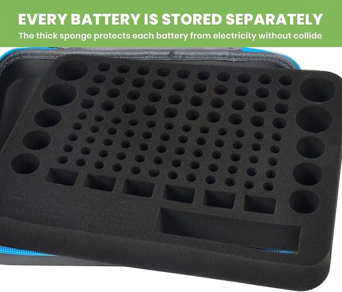 Battery Organizer Storage Holder Case Box with Tester Checker BT-168. Holds 136+ Batteries AA AAA C D Cell 9V 3V Lithium (Blue)
