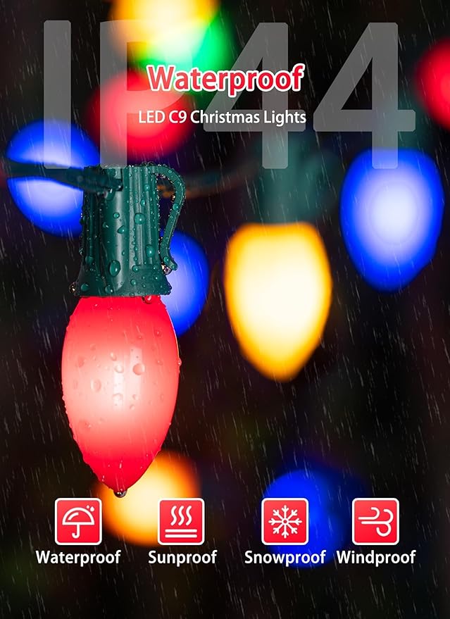 C9 LED Christmas Lights Outdoor, 200 Feet C9 String Light with 200 Shatterproof Matte Bulbs, Connectable Waterproof Christmas Tree Lights for Holiday Roofline Backyard Garden Decor, Multicolor