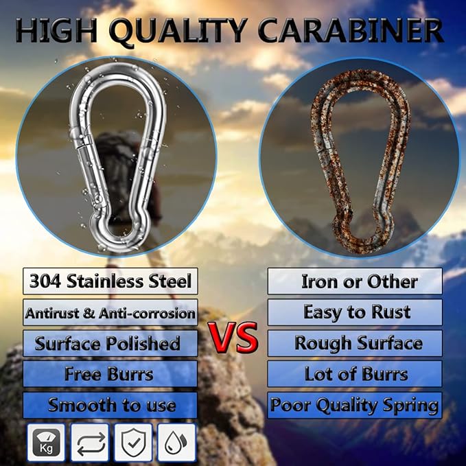 Spring Snap Hooks, 304 Stainless Steel Metal Clip Heavy Duty Rope Connector Small Snap Clamp Key Chain Link Buckle for Hammock Swing Set Outdoor Travel Camping Fishing Hiking