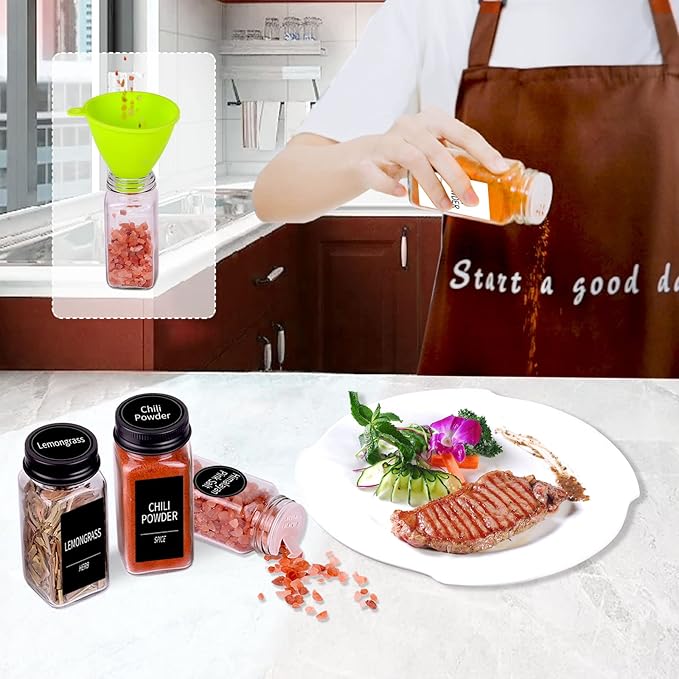 Churboro 66 Spice Jars with 547 Labels- Glass Spice Jars with Black Metal Caps, 4oz Empty Spice Containers with Shaker Lids, Funnel, Chalk Pen, Square Seasoning Bottles for Spice Rack, Drawer, Cabinet