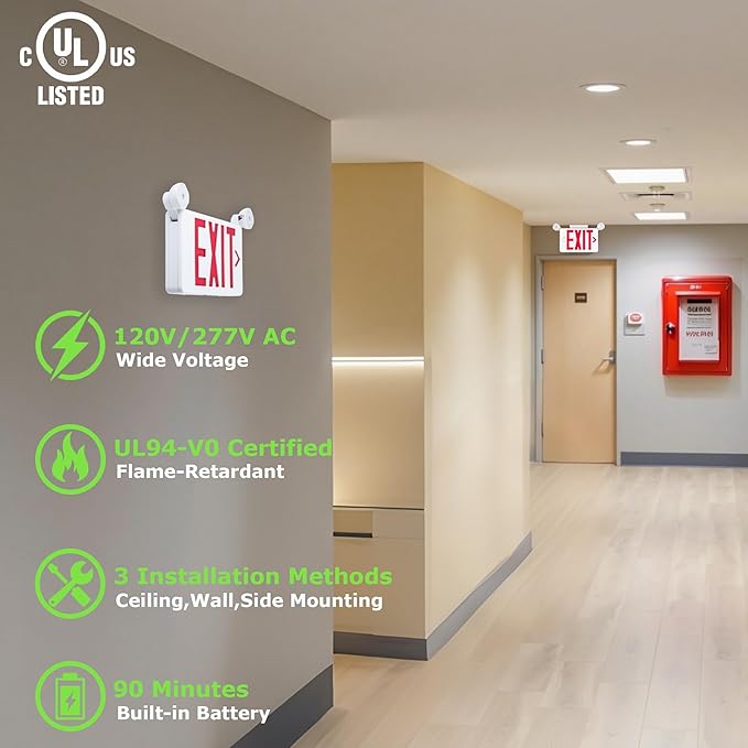 Gruenlich Red Exit Sign with Emergency Lights, 2 Adjustable LED Heads and Backup Battery, UL 924, AC 120/277V, Commercial Hardwired Exit Light for Business, 12 Pack