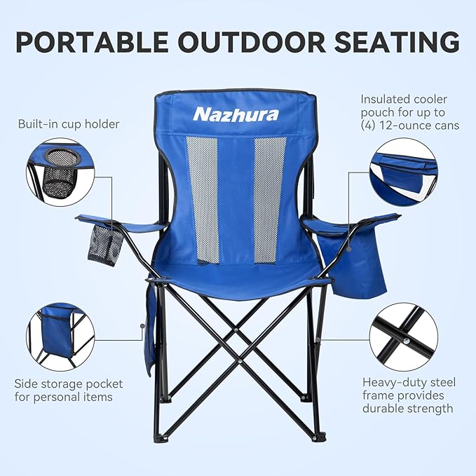 Nazhura 2 Pack Outdoor Camping Chairs Folding/Foldable/Portable with Cooler Pouch, Mesh Backrest and Cup Holder Pocket (Blue, 2 Pack)
