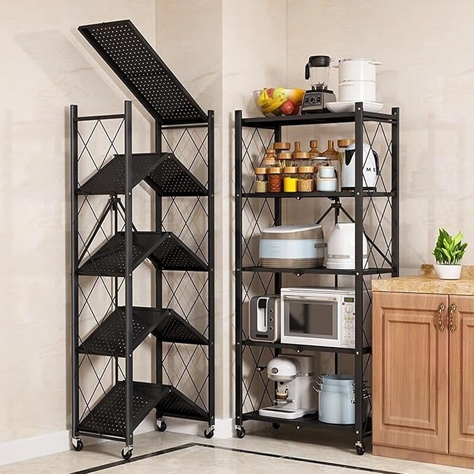 4-Tire Storage Rack, 28 * 13 * 50in Foldable Metal Garage Storage Shelves Organizer, Portable Metal Kitchen Shelving, Closet Shelving Unit Bakers Rack Microwave Stand, Black(Tiered Shelf-4)