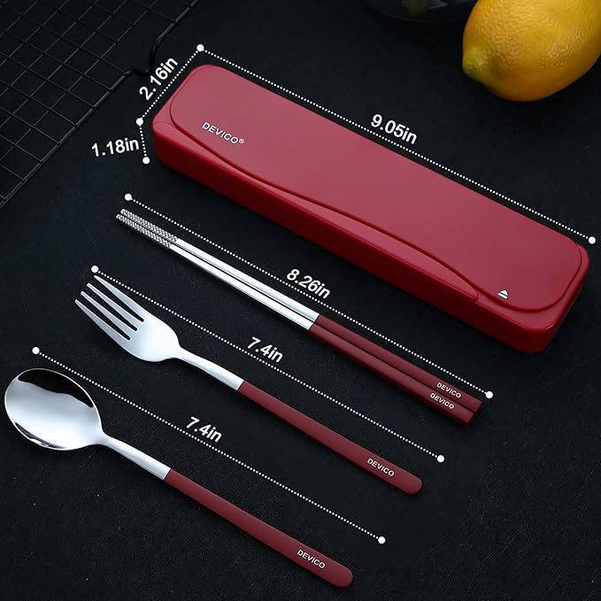 DEVICO Travel Utensils With Case, 18/8 Stainless Steel Camping Utensils, Reusable Portable Silverware Cutlery Set For Lunch Box, Include Fork Spoon Chopsticks