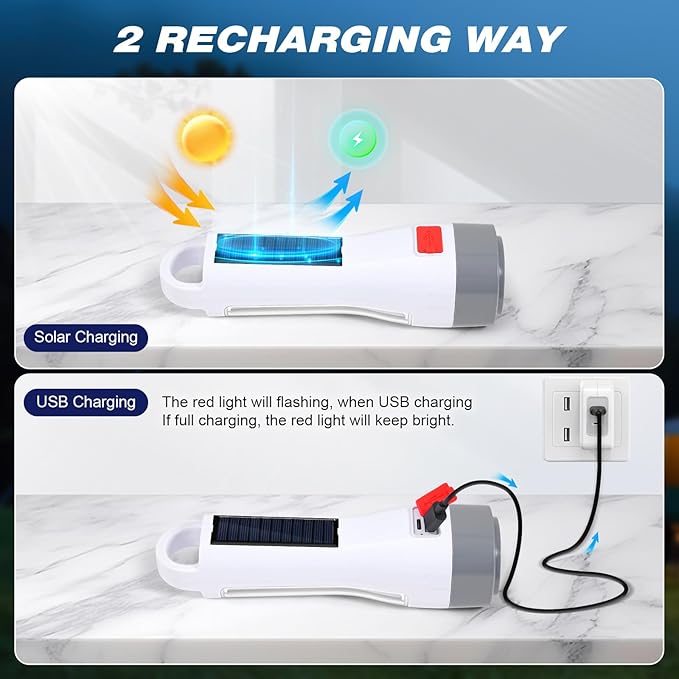 Solar LED Flashlight for Power Outages, Rechargeable Camping Flashlights with High Lumens, 5 Modes, Powerful and Bright Tactical Flash Light for Emergency, Outdoor, Home Use