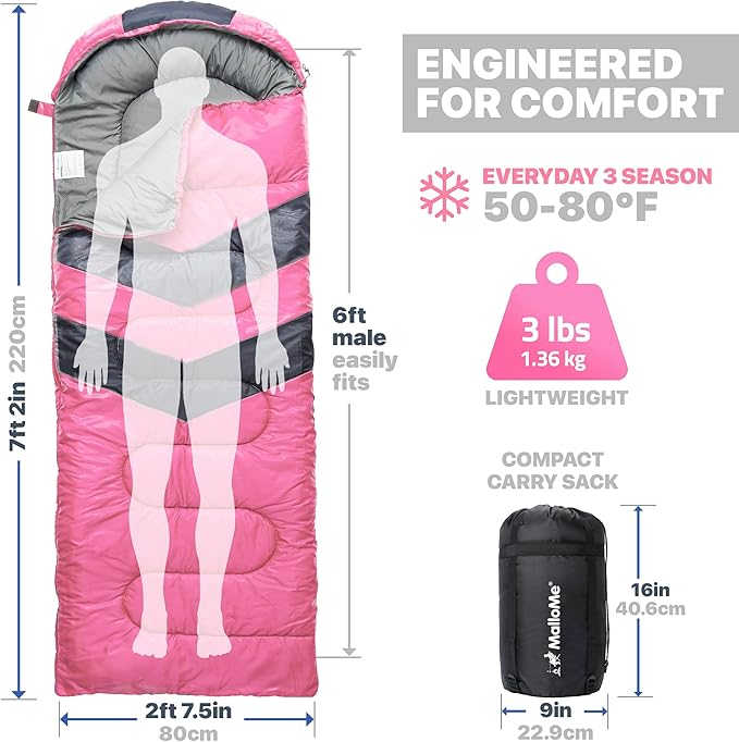 MalloMe Sleeping Bags for Adults Cold Weather & Warm - Backpacking Camping Sleeping Bag for Kids 10-12, Girls, Boys - Lightweight Compact Camping Essentials Gear Accessories Hiking Sleep Must Haves