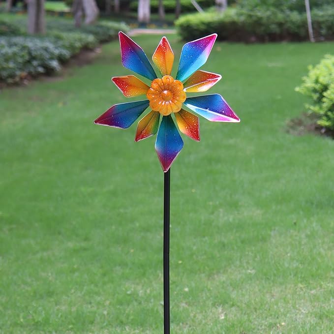 10" Small Metal Wind Spinner for Garden, 48" Tall Outdoor Flower Yard Decoration – Rainbow Gradient Petals, Weather-Resistant Garden Stake Spinner for Patio & Planter