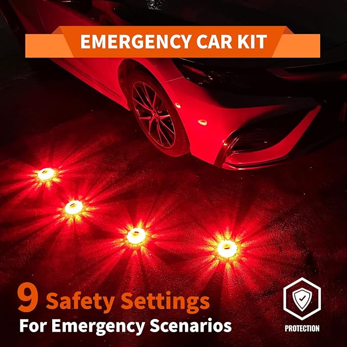 6 Pack LED Road Flare Emergency Car Kit With 9 Blinking Modes,Amber Roadside Safety Flare Discs Warning Light For Car & Truck With Magnetic&Hook (Battery Not Included)